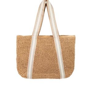 Elegant Tan Woven Tote Bag with Striped Handles